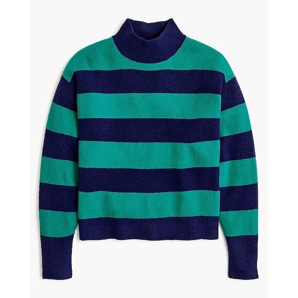 J.Crew Navy Blue Teal Rugby Stripe Mockneck Long Sleeve Pullover Sweater Size S - Picture 1 of 12